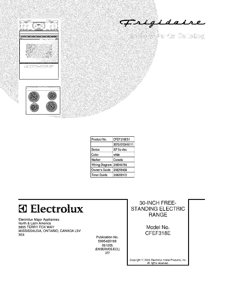 COVER Diagram and Parts List for CFEF318ES1  Frigidaire Range