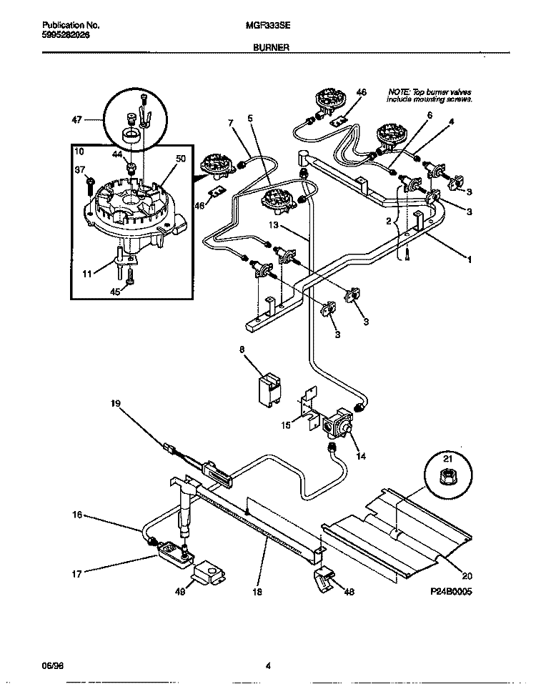 BURNER Diagram and Parts List for MGF333SEDB  Frigidaire Range