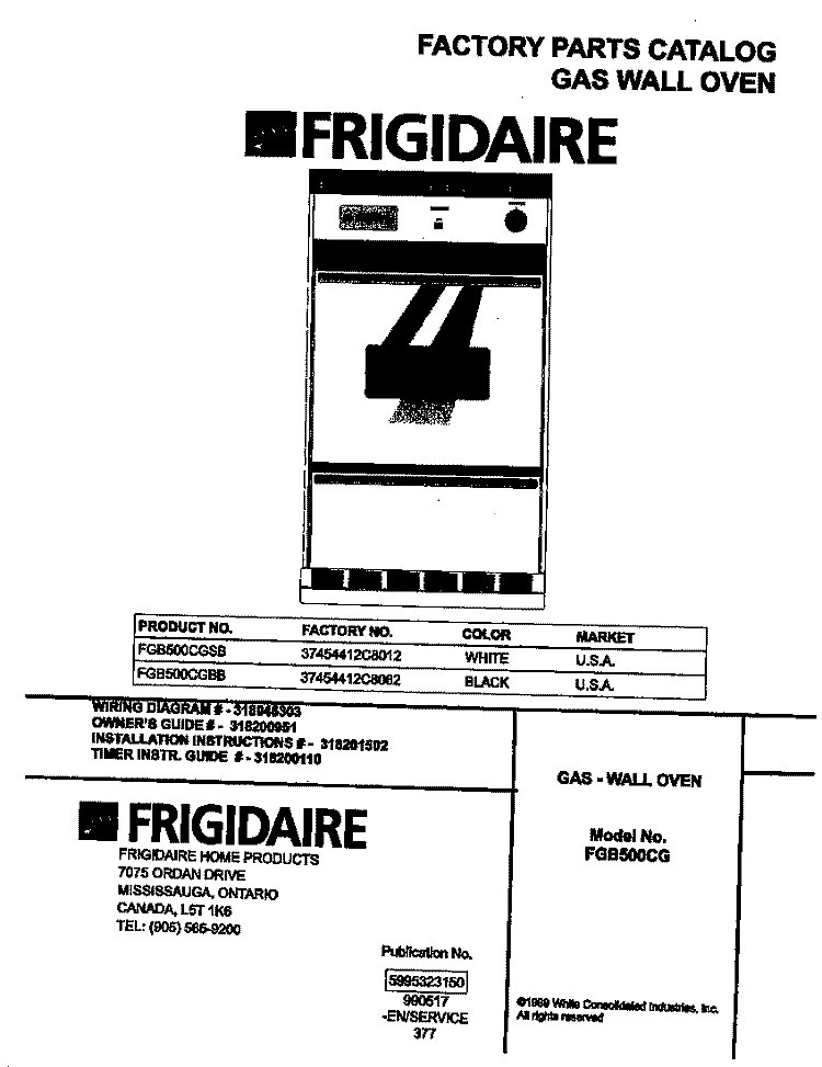 COVER Diagram and Parts List for FGB500CGBB  Frigidaire Wall Oven