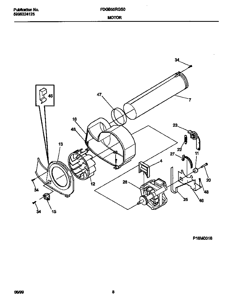P16M0016 MOTOR, BLOWER Diagram and Parts List for FDGB55RGS0  Frigidaire Dryer