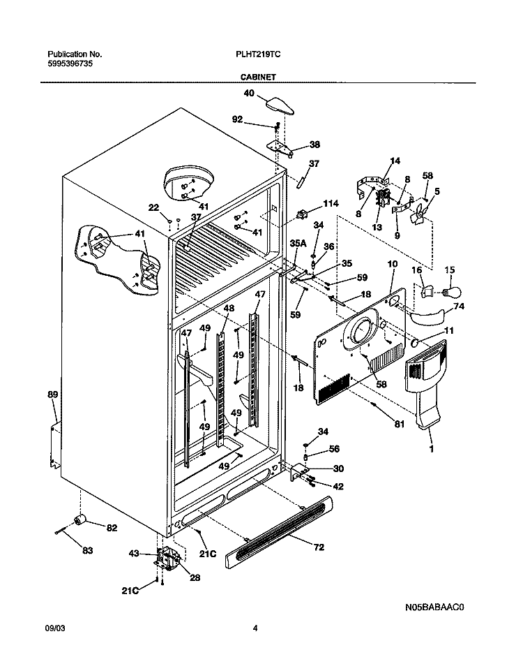 CABINET Diagram and Parts List for PLHT219TCB2  Frigidaire Refrigerator