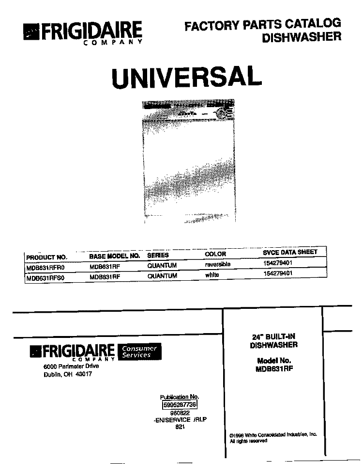COVER Diagram and Parts List for MDB631RFR0  Frigidaire Dishwasher