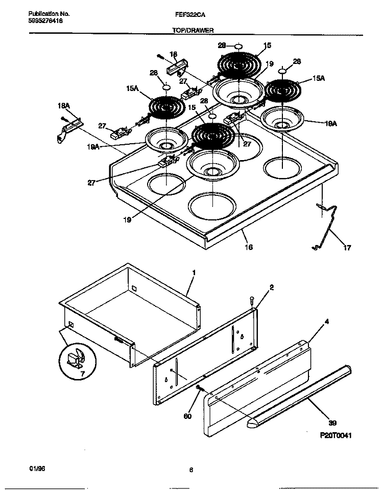 TOP / DRAWER Diagram and Parts List for FEF322CASD  Frigidaire Range