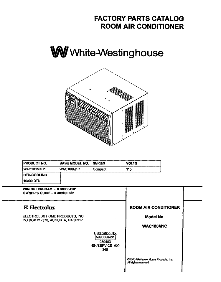 COVER Diagram and Parts List for WAC100M1C1  Westinghouse Air Conditioner