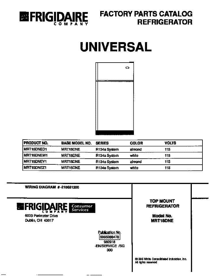 COVER Diagram and Parts List for MRT18DNED1  Frigidaire Refrigerator