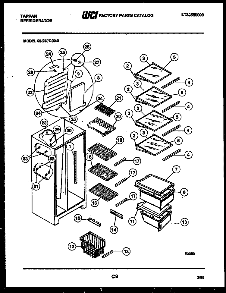 SHELVES AND SUPPORTS Diagram and Parts List for 95-2497-66-02  Tappan Refrigerator