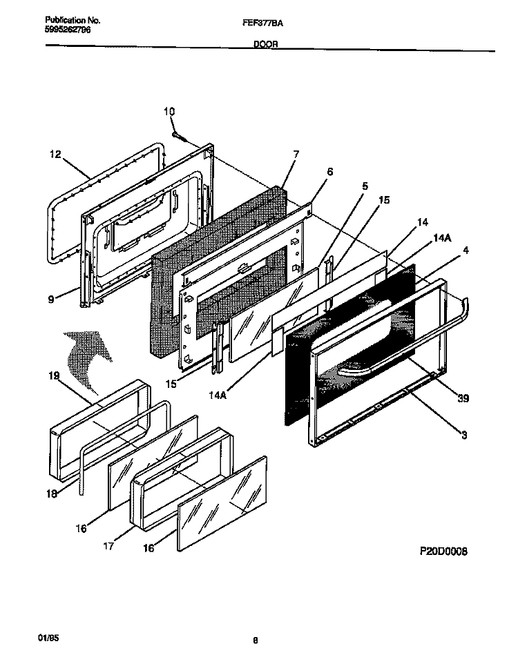 DOOR Diagram and Parts List for FEF377BAWB  Frigidaire Range