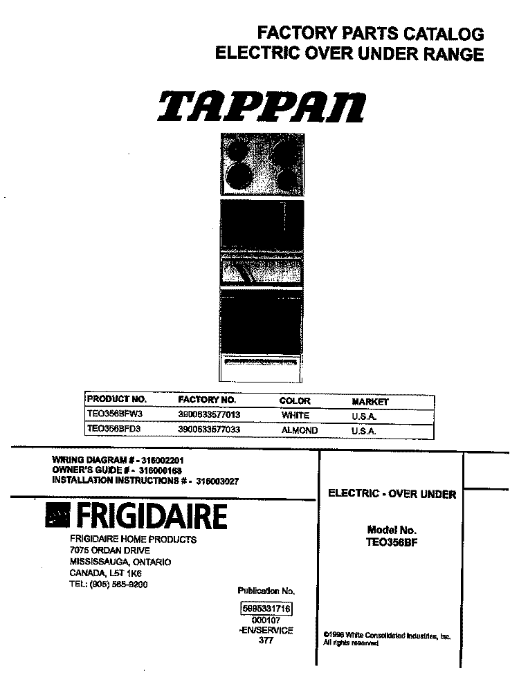 COVER Diagram and Parts List for TEO356BFW3  Tappan Range