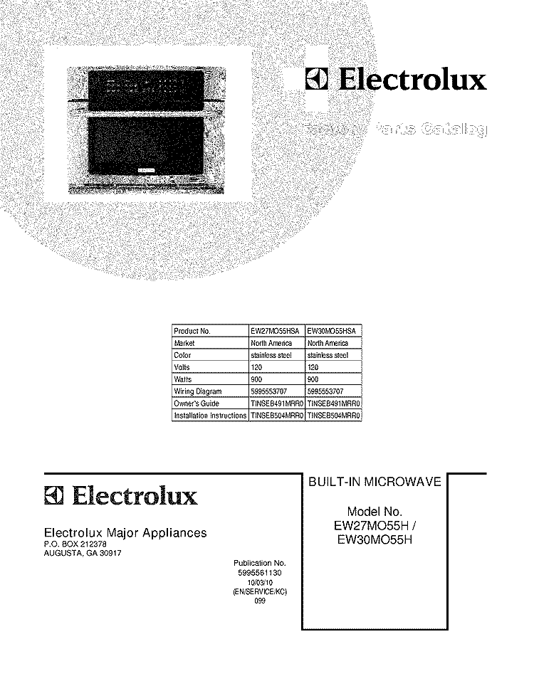 COVER Diagram and Parts List for EW27MO55HSA  Electrolux Microwave