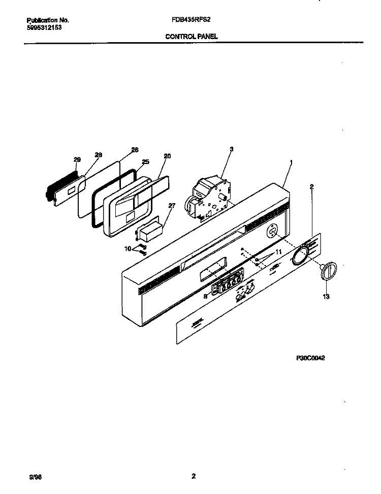 CONTROL PANEL Diagram and Parts List for FDB435RFS2  Frigidaire Dishwasher