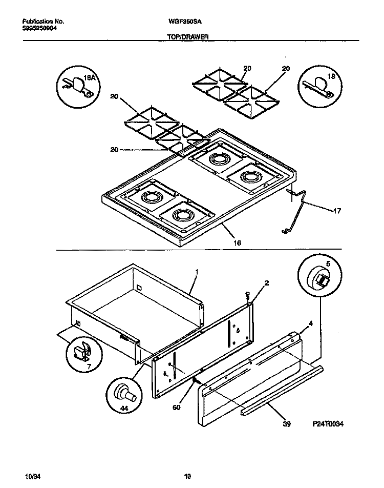 TOP / DRAWER Diagram and Parts List for WGF353CASB  Frigidaire Range