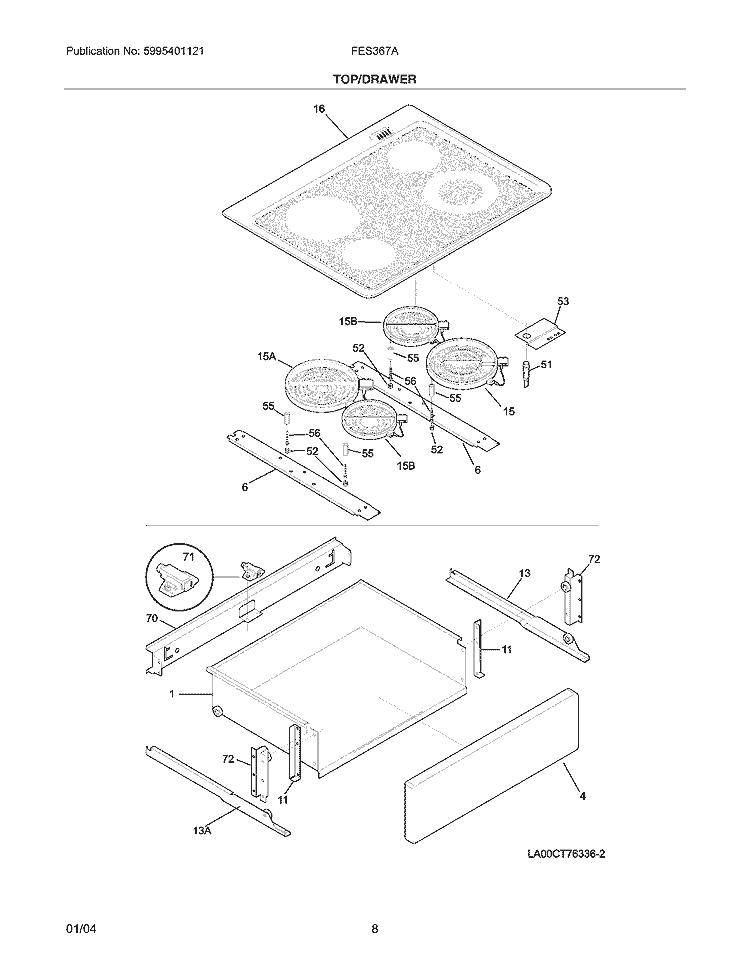 TOP / DRAWER Diagram and Parts List for FES367AQG  Frigidaire Range