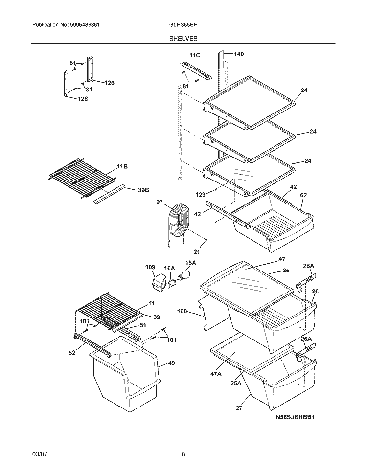 SHELVES Diagram and Parts List for GLHS65EHB0  Frigidaire Refrigerator