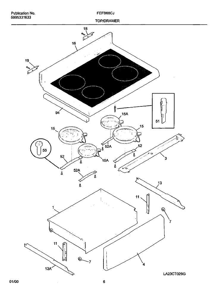 TOP / DRAWER Diagram and Parts List for FEFB68CJSA  Frigidaire Range