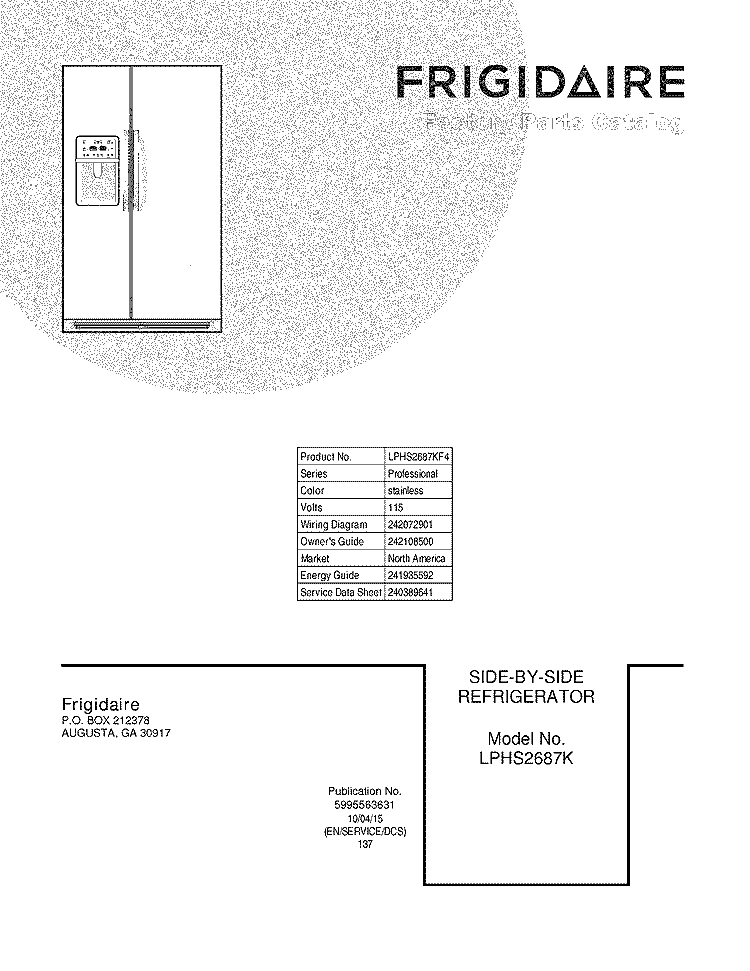 COVER Diagram and Parts List for LPHS2687KF4  Frigidaire Refrigerator