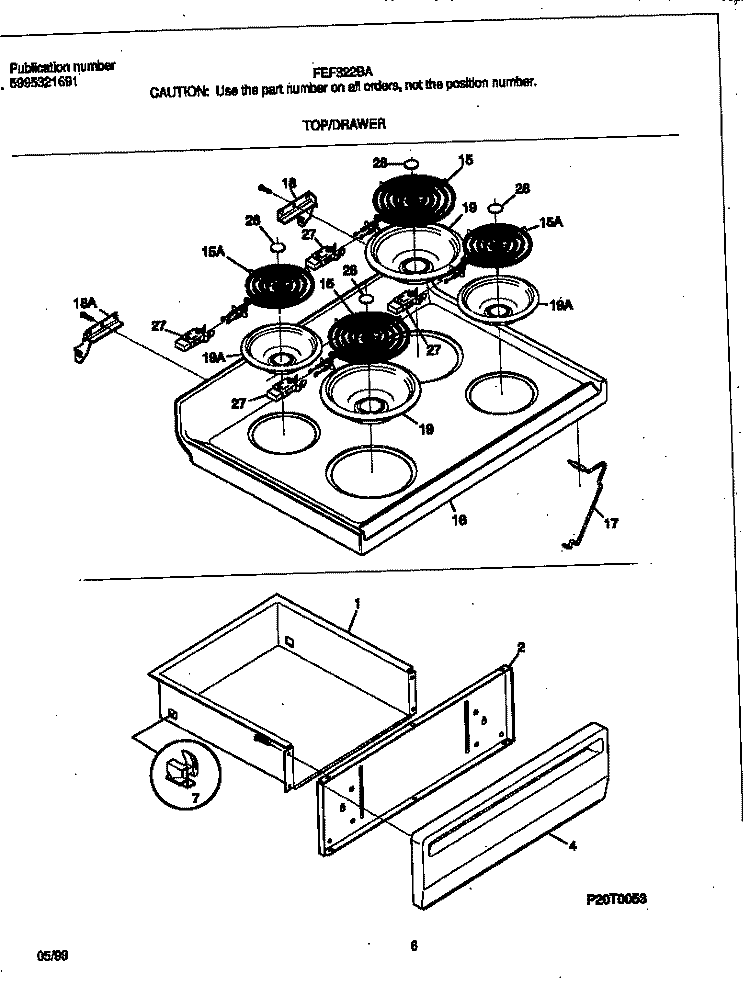 TOP / DRAWER Diagram and Parts List for FEF322BAWM  Frigidaire Range
