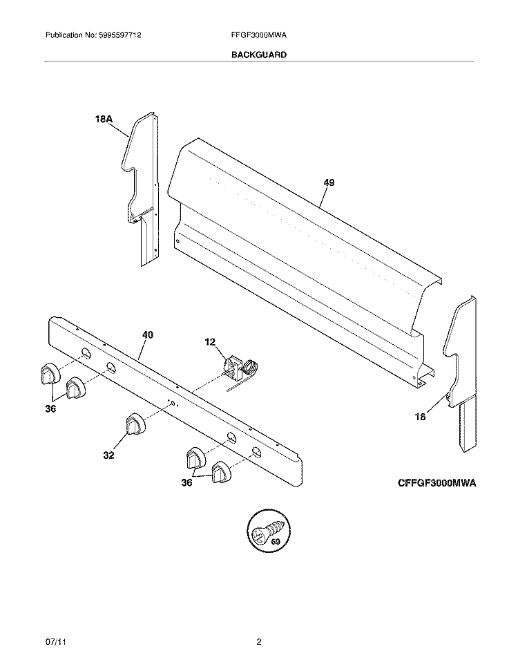 BACKGUARD Diagram and Parts List for FFGF3000MWA  Frigidaire Range