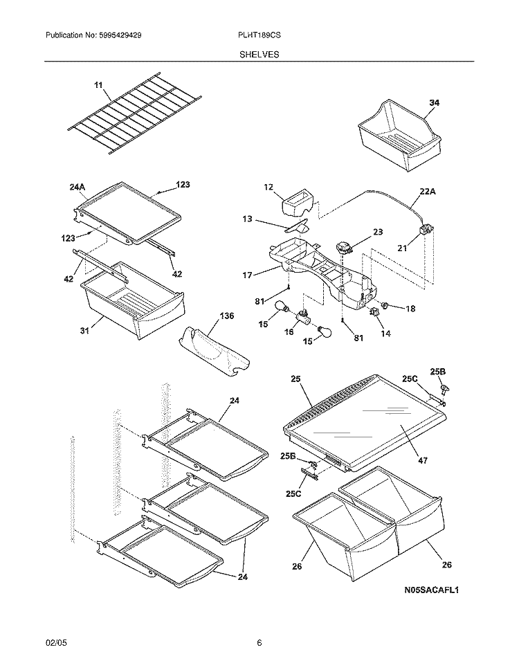 SHELVES Diagram and Parts List for PLHT189CSK8  Frigidaire Refrigerator