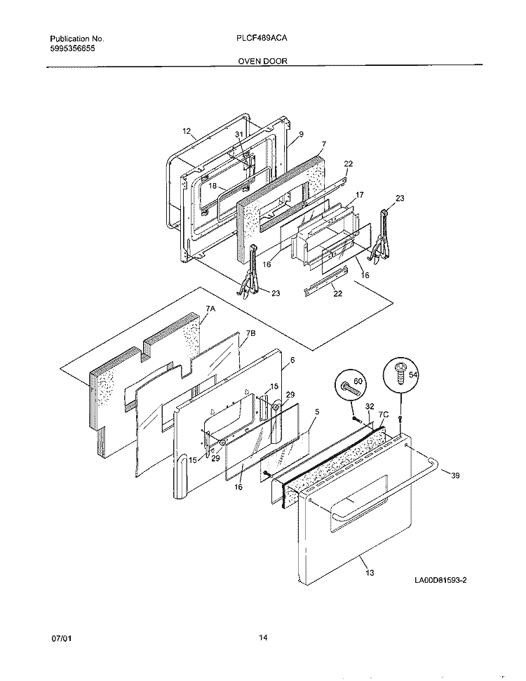 OVEN DOOR Diagram and Parts List for PLCF489ACA  Frigidaire Range