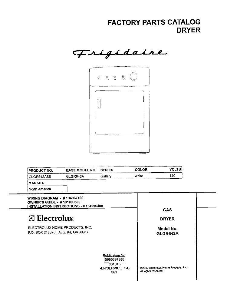 COVER Diagram and Parts List for GLGR642AS5  Frigidaire Dryer