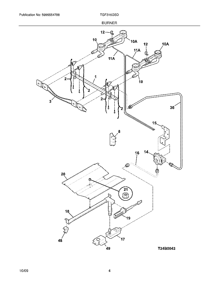 BURNER Diagram and Parts List for TGF316GSD  Tappan Range