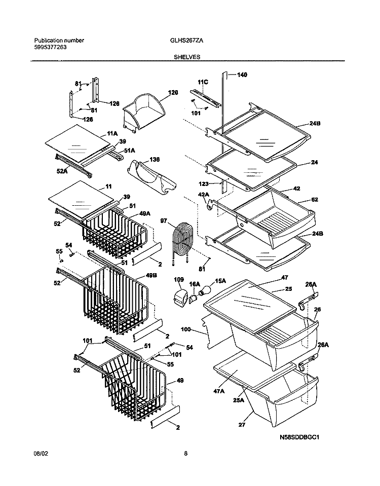 SHELVES Diagram and Parts List for GLHS267ZAW4  Frigidaire Refrigerator
