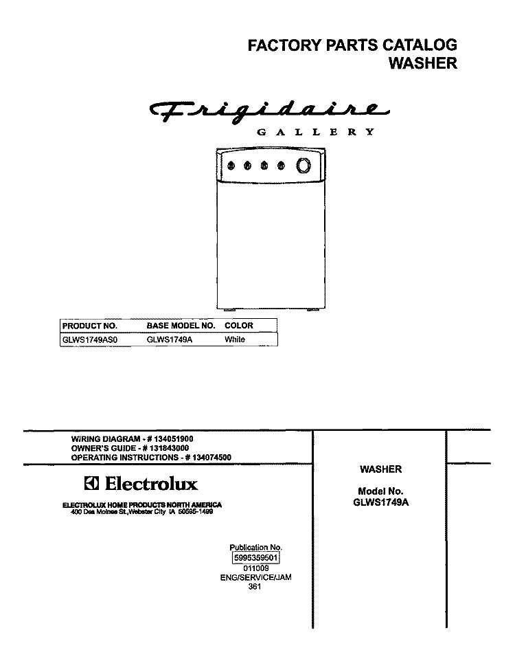 COVER Diagram and Parts List for GLWS1749AS0  Frigidaire Washer