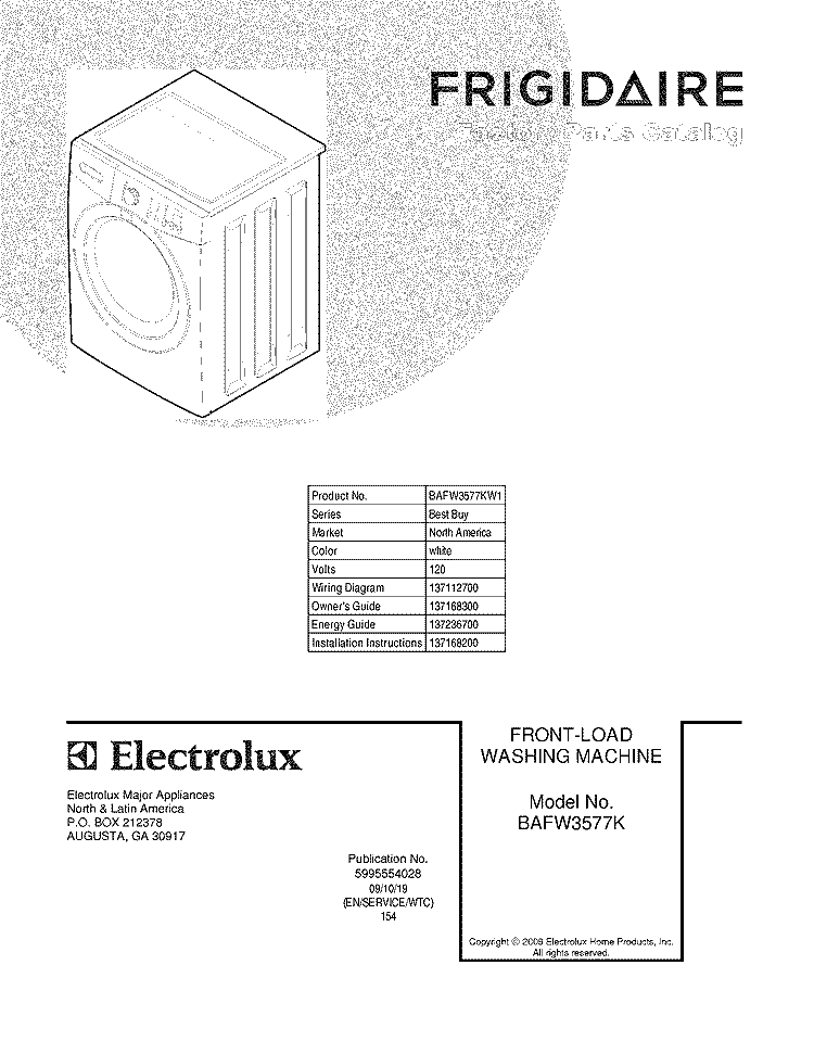 COVER Diagram and Parts List for BAFW3577KW1  Frigidaire Washer