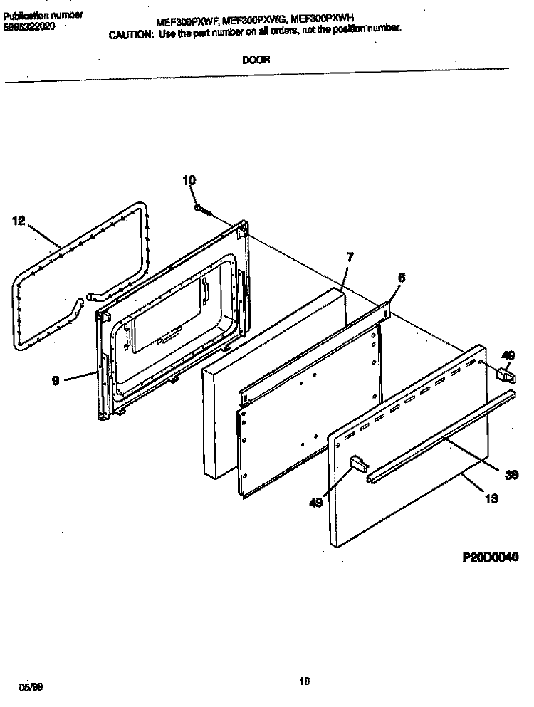 DOOR Diagram and Parts List for MEF300PXWF  Frigidaire Range