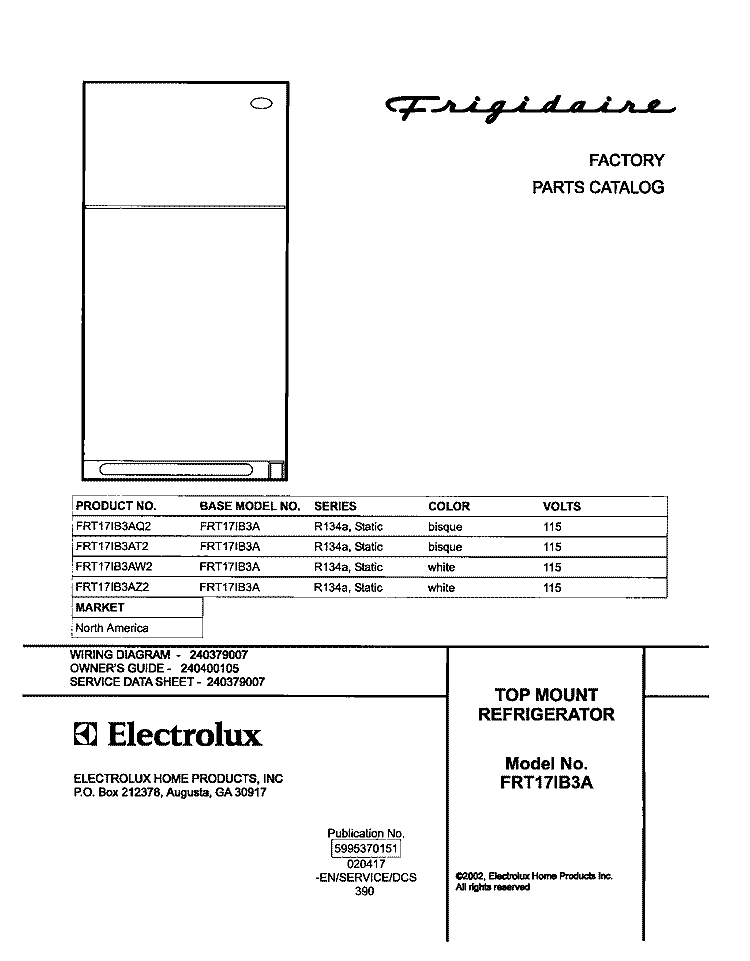 COVER Diagram and Parts List for FRT17IB3AW2  Frigidaire Refrigerator