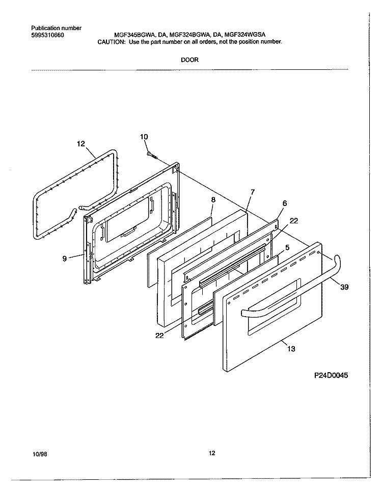 DOOR Diagram and Parts List for MGF324WGSA  Frigidaire Range