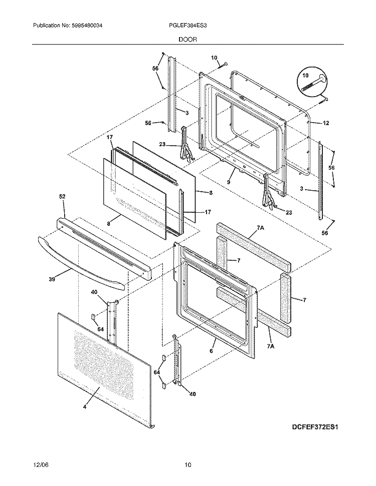 DOOR Diagram and Parts List for PGLEF384ES3  Frigidaire Range