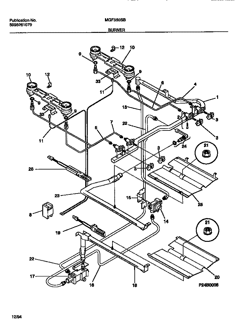 BURNER Diagram and Parts List for MGF350SBDA  Frigidaire Range