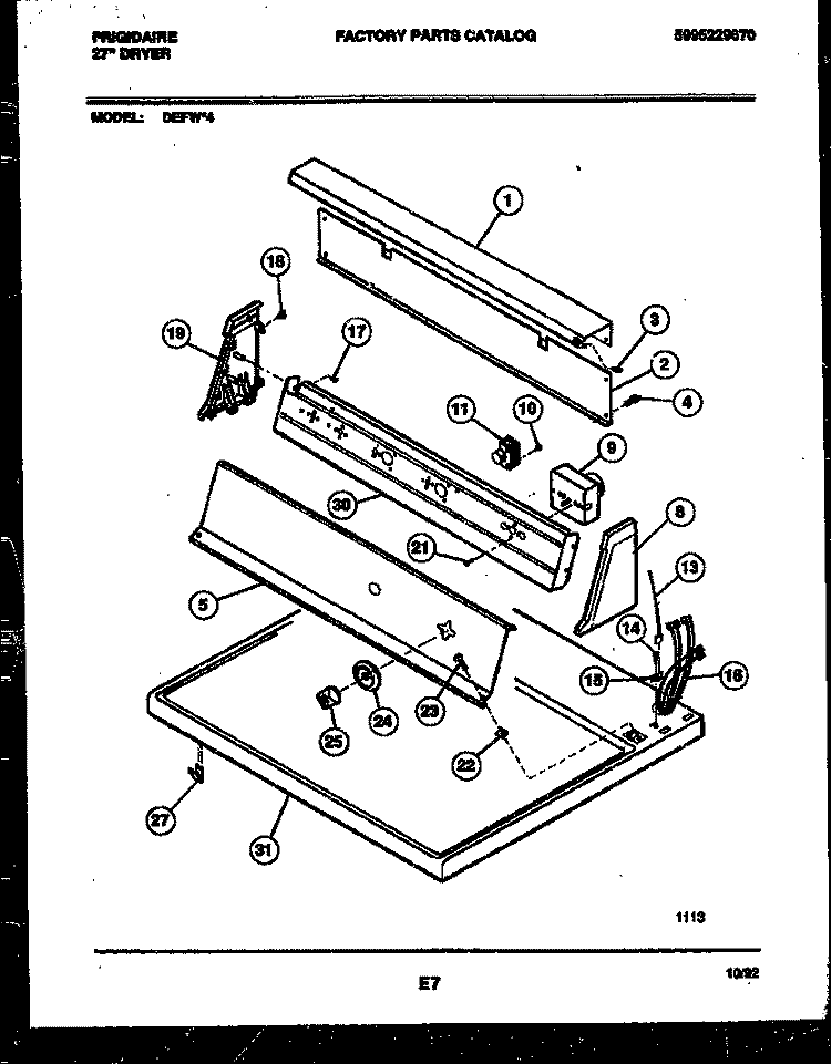 CONSOLE AND CONTROL PARTS Diagram and Parts List for DEFW4  Frigidaire Dryer