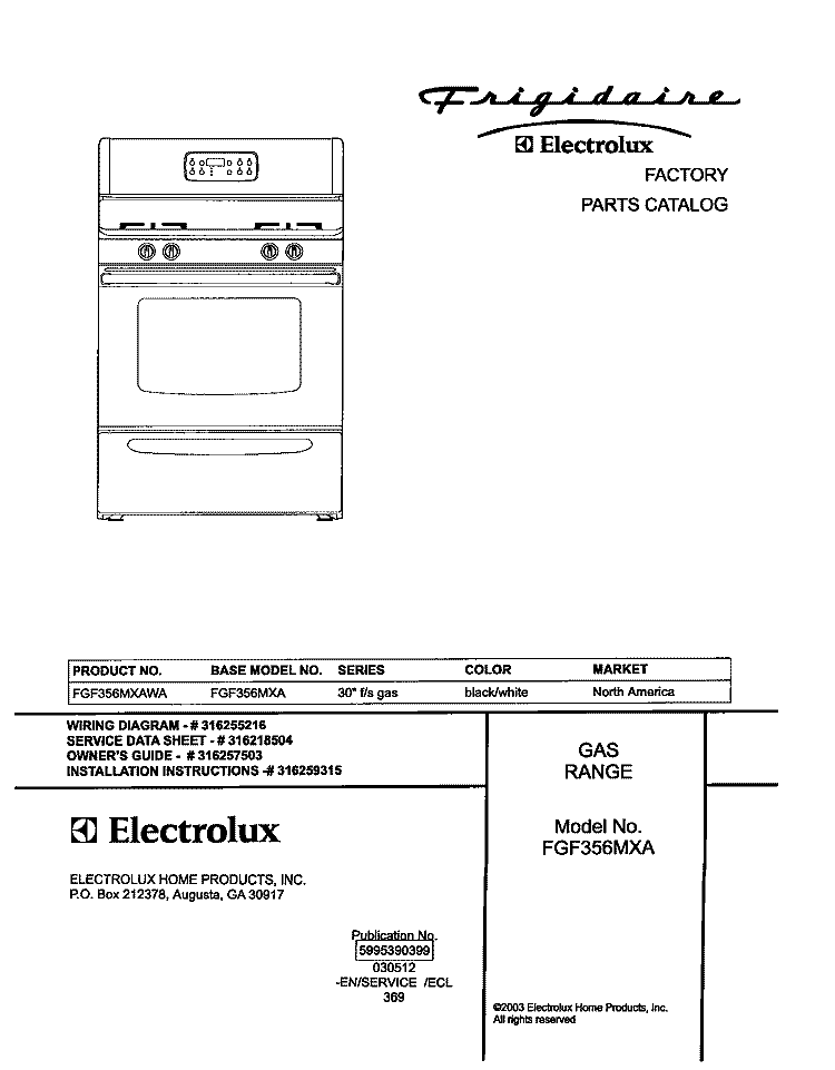 COVER Diagram and Parts List for FGF356MXAWA  Frigidaire Range