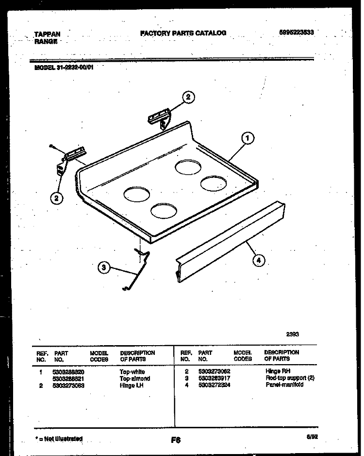COOKTOP PARTS Diagram and Parts List for 31-2232-00-01  Tappan Range