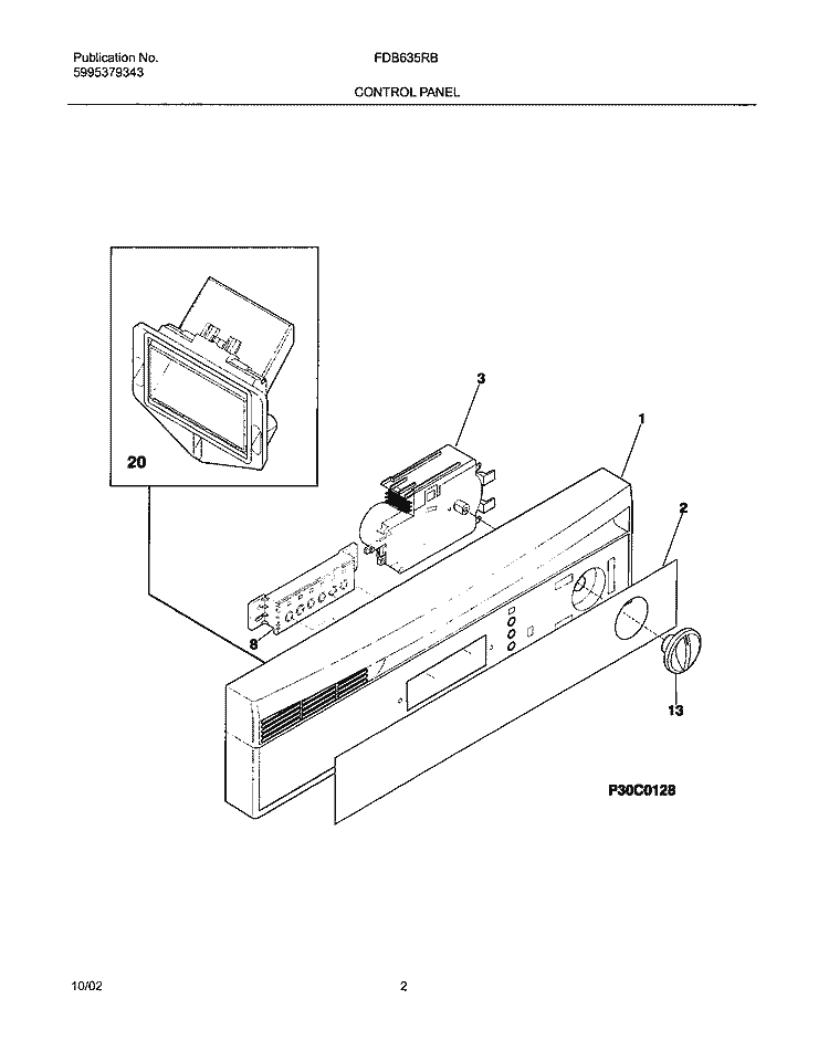 CONTROL PANEL Diagram and Parts List for FDB635RBS1  Frigidaire Dishwasher