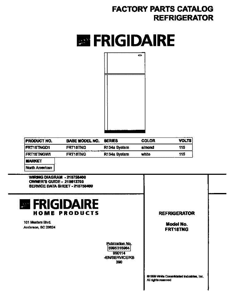 COVER Diagram and Parts List for FRT18TNGD1  Frigidaire Refrigerator