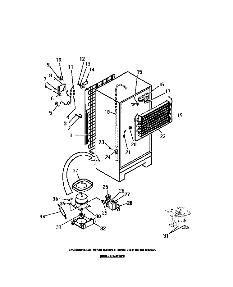 COMPRESSOR, CONDENSER, EVAPORATOR Diagram and Parts List for FPE21TCH0  Frigidaire Refrigerator