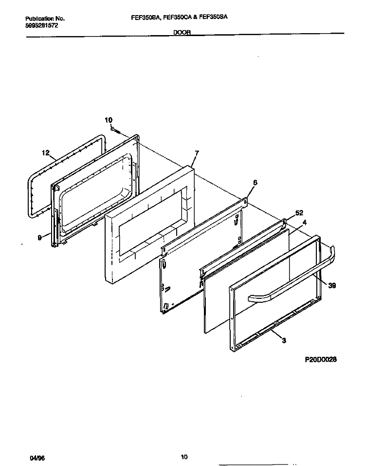 DOOR Diagram and Parts List for FEF350SAWF  Frigidaire Range