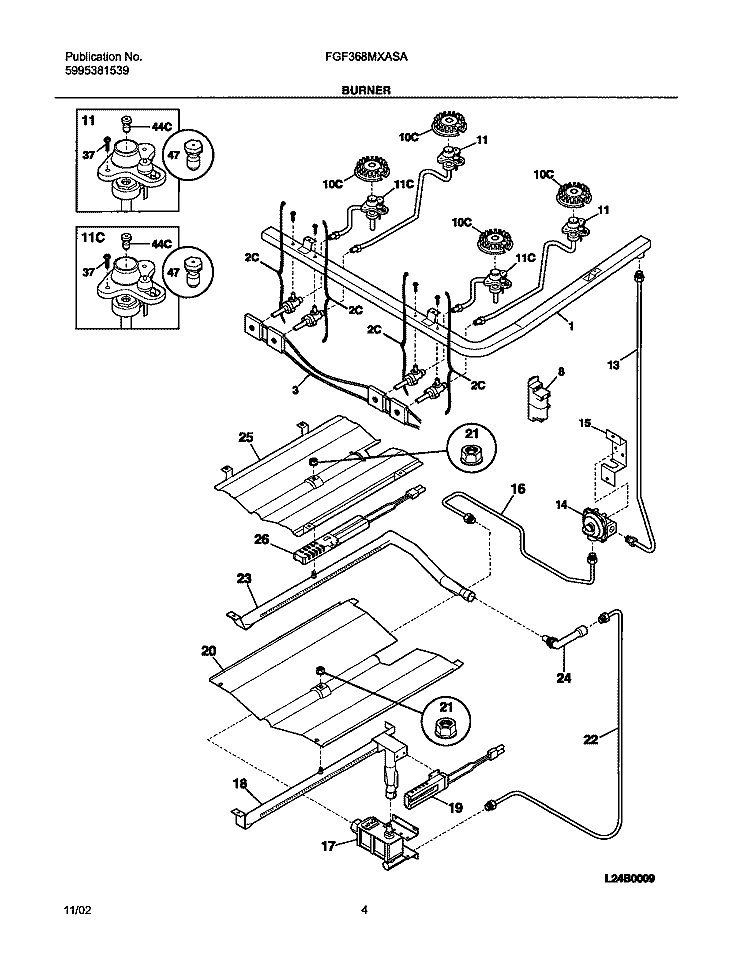 BURNER Diagram and Parts List for FGF368MXASA  Frigidaire Range