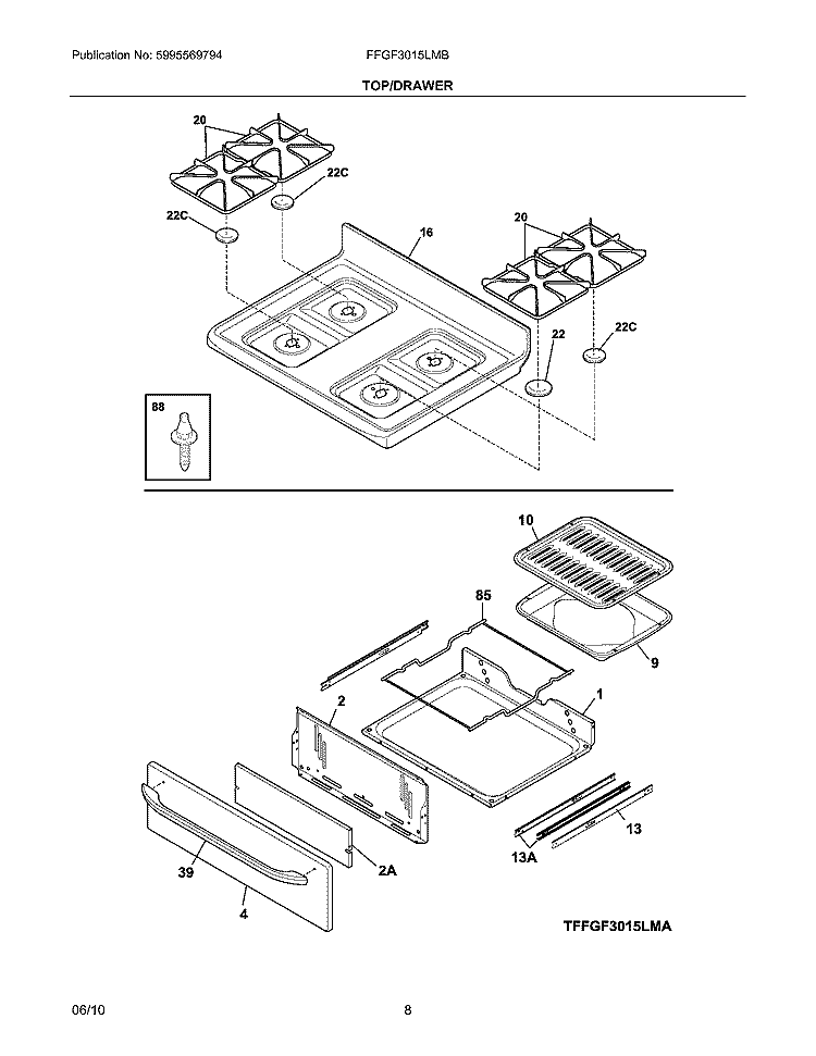 TOP/DRAWER Diagram and Parts List for FFGF3015LMB  Frigidaire Range