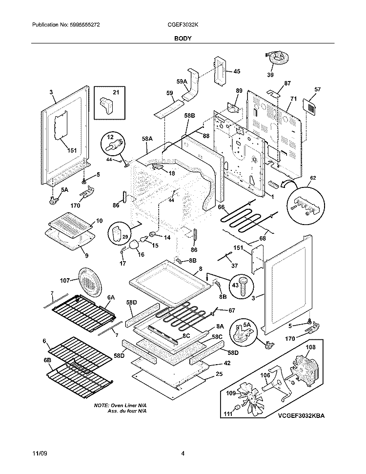 BODY Diagram and Parts List for CGEF3032KWA  Frigidaire Range