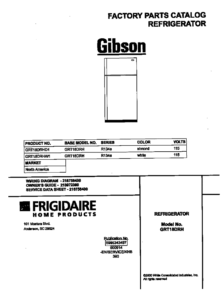 COVER Diagram and Parts List for GRT18DRHD1  Gibson Refrigerator