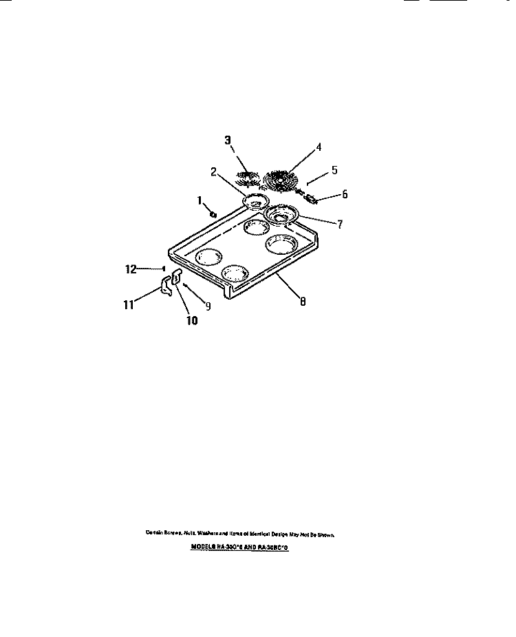 COOK TOP, SURFACE UNITS, DRIP PANS Diagram and Parts List for RA30BCW0  Frigidaire Range