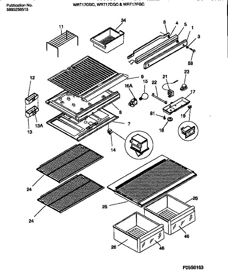 SHELVES, CONTROLS, DIVIDER, MULLION Diagram and Parts List for WRT17CGCY0  Frigidaire Refrigerator