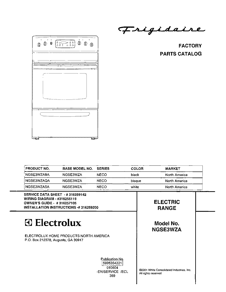 COVER Diagram and Parts List for NGSE3WZAQA  Frigidaire Range