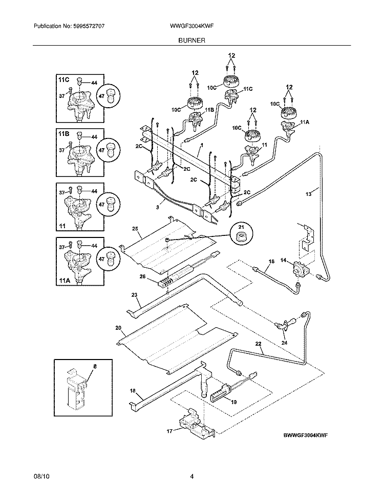 BURNER Diagram and Parts List for WWGF3004KWF  Westinghouse Range