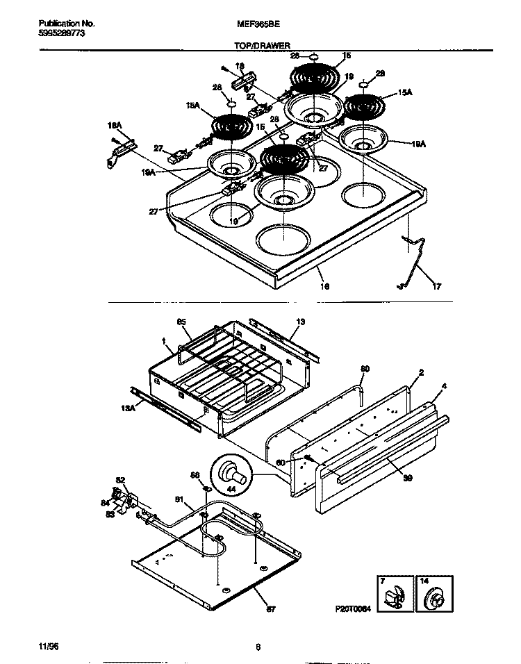 TOP / DRAWER Diagram and Parts List for MEF365BEDA  Frigidaire Range