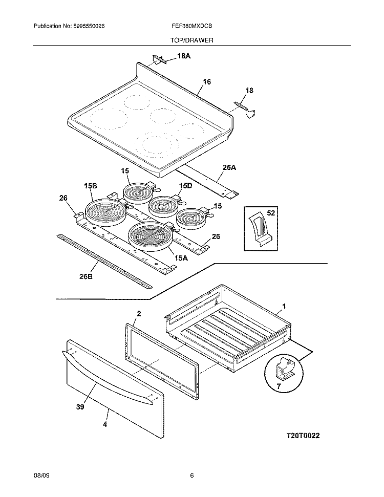 TOP/DRAWER Diagram and Parts List for FEF380MXDCB  Frigidaire Range